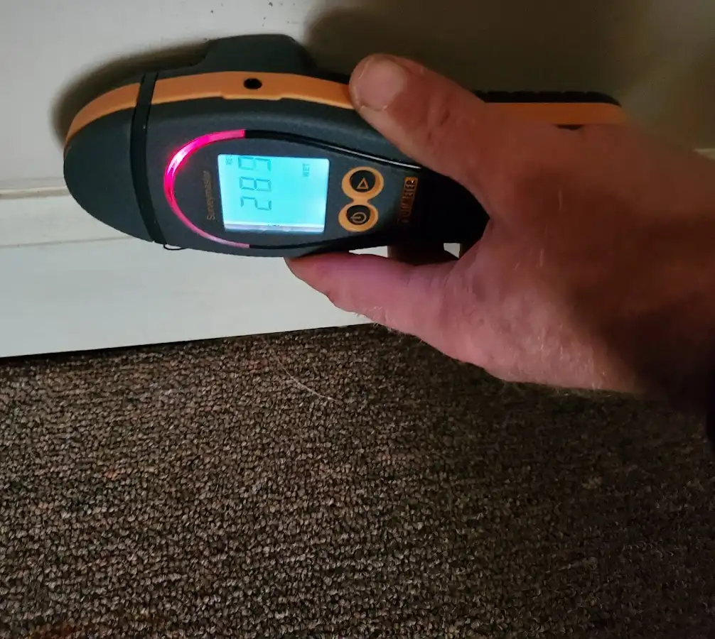 Moisture detection at baseboard during Storm Damage Restoration in Woodburn